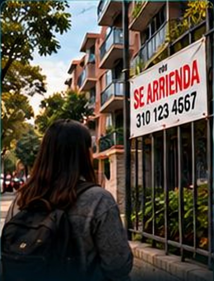 Persona frente a un cartel de Se arrienda en una reja