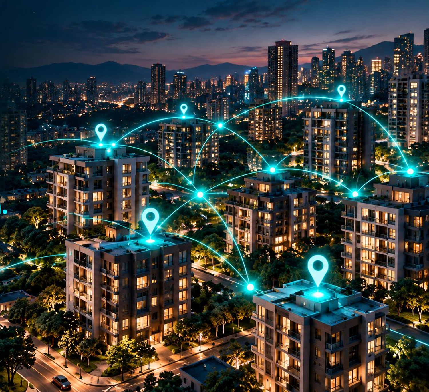 Edificios de noche conectados por una red de puntos de luz