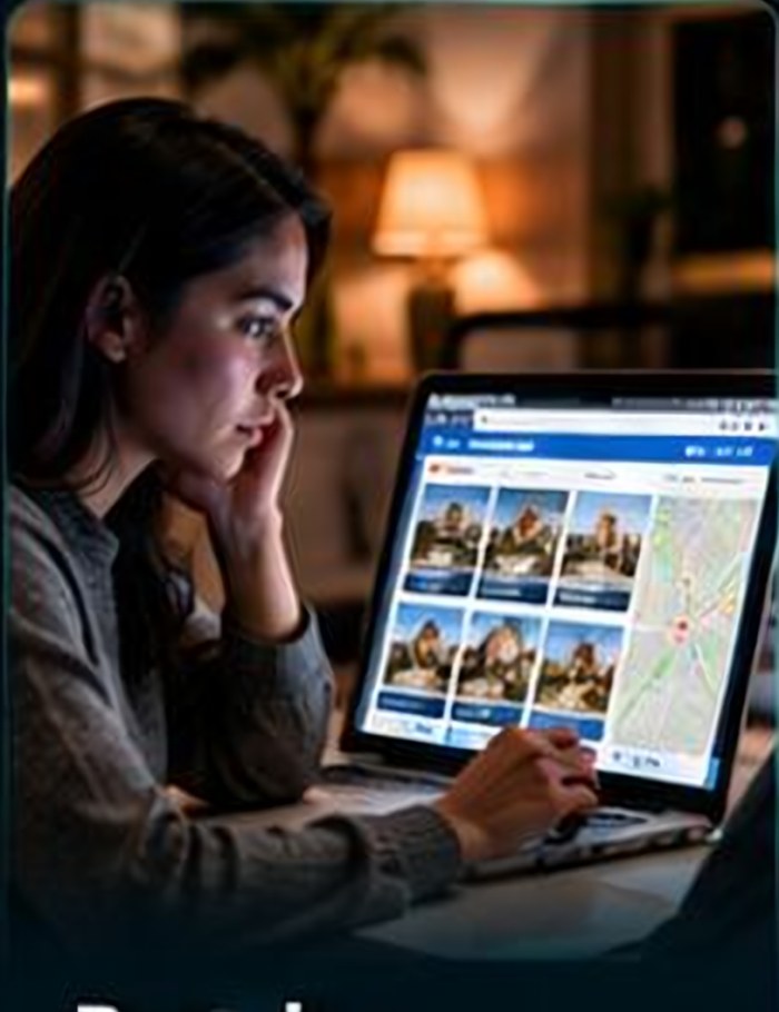 Mujer revisando portales inmobiliarios en un portátil