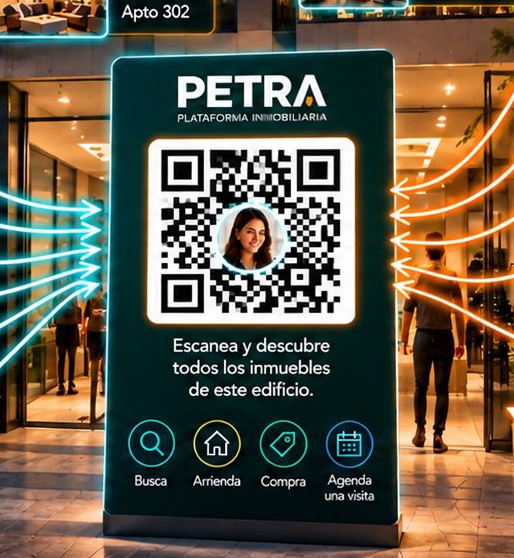 Tótem de PETRA con código QR en el lobby de un edificio