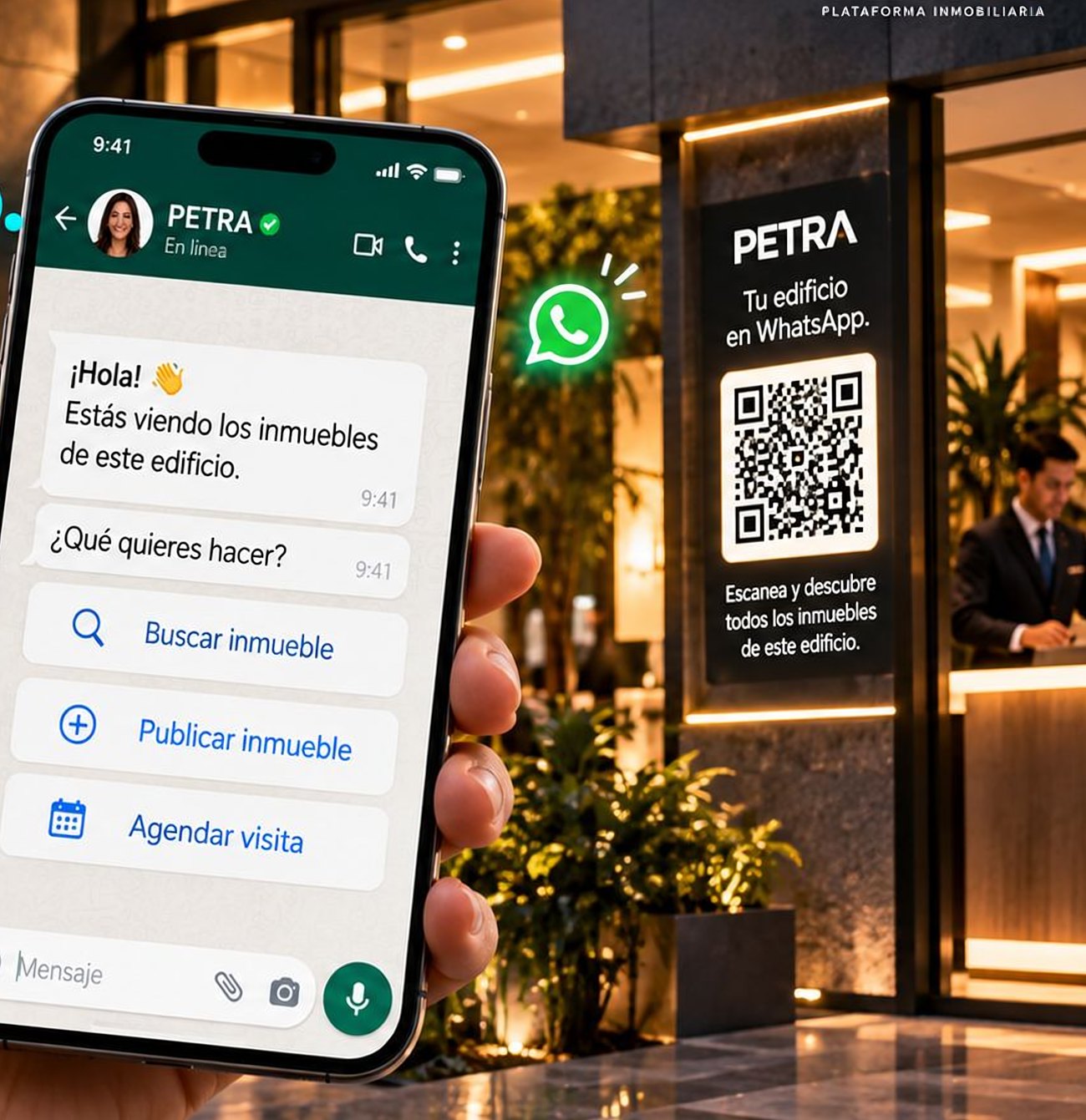 Mano sosteniendo un celular con el chat de PETRA en WhatsApp frente al lobby